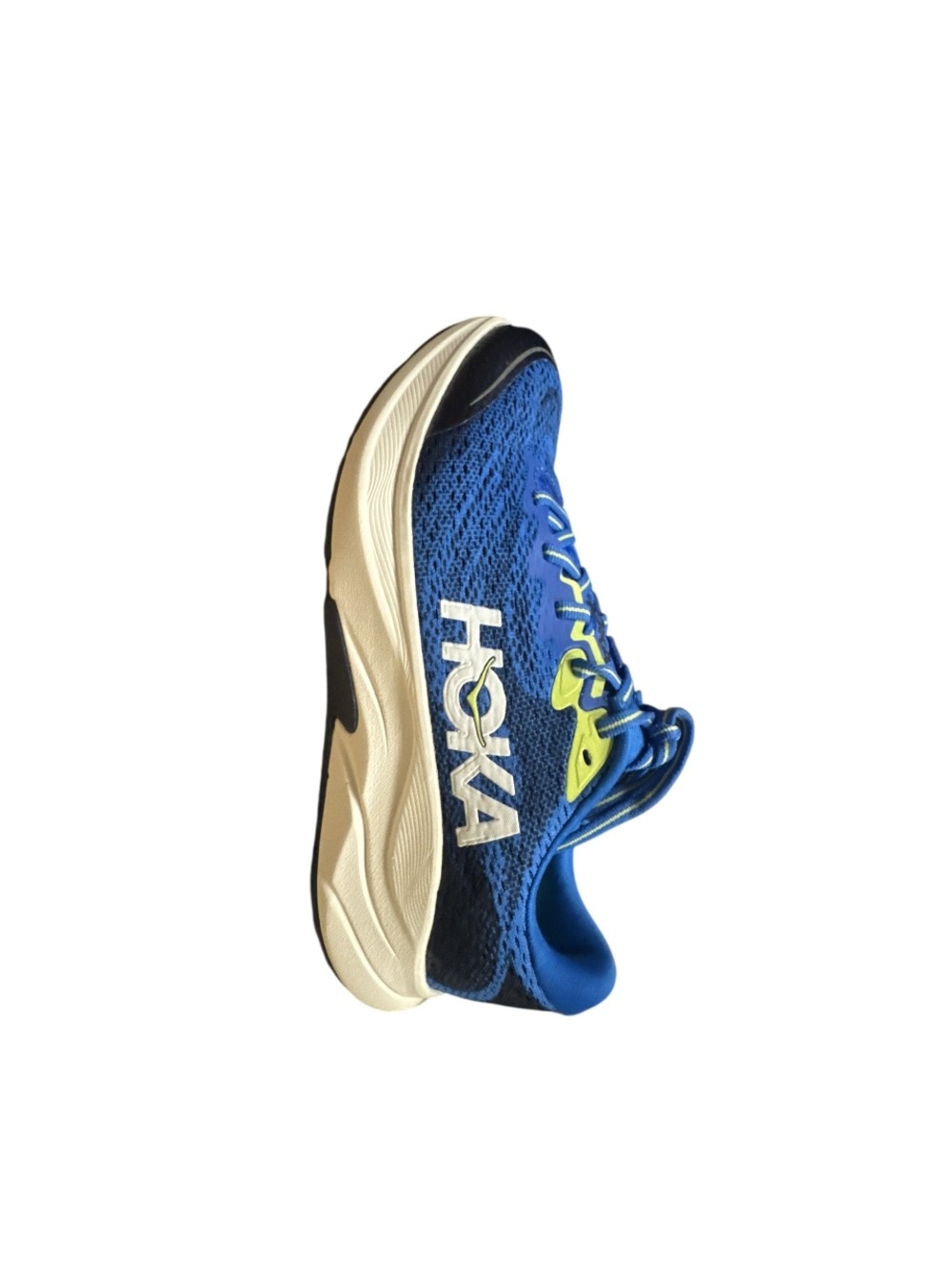 Hoka Blue Running Shoe with Cream Midsole and Lime Accents